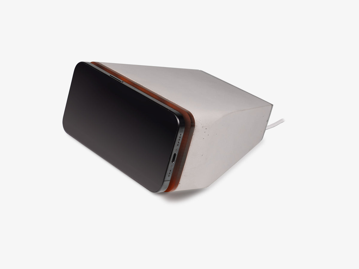 Tortoiseshell iPhone Dock, standby, with iphone, front-left view