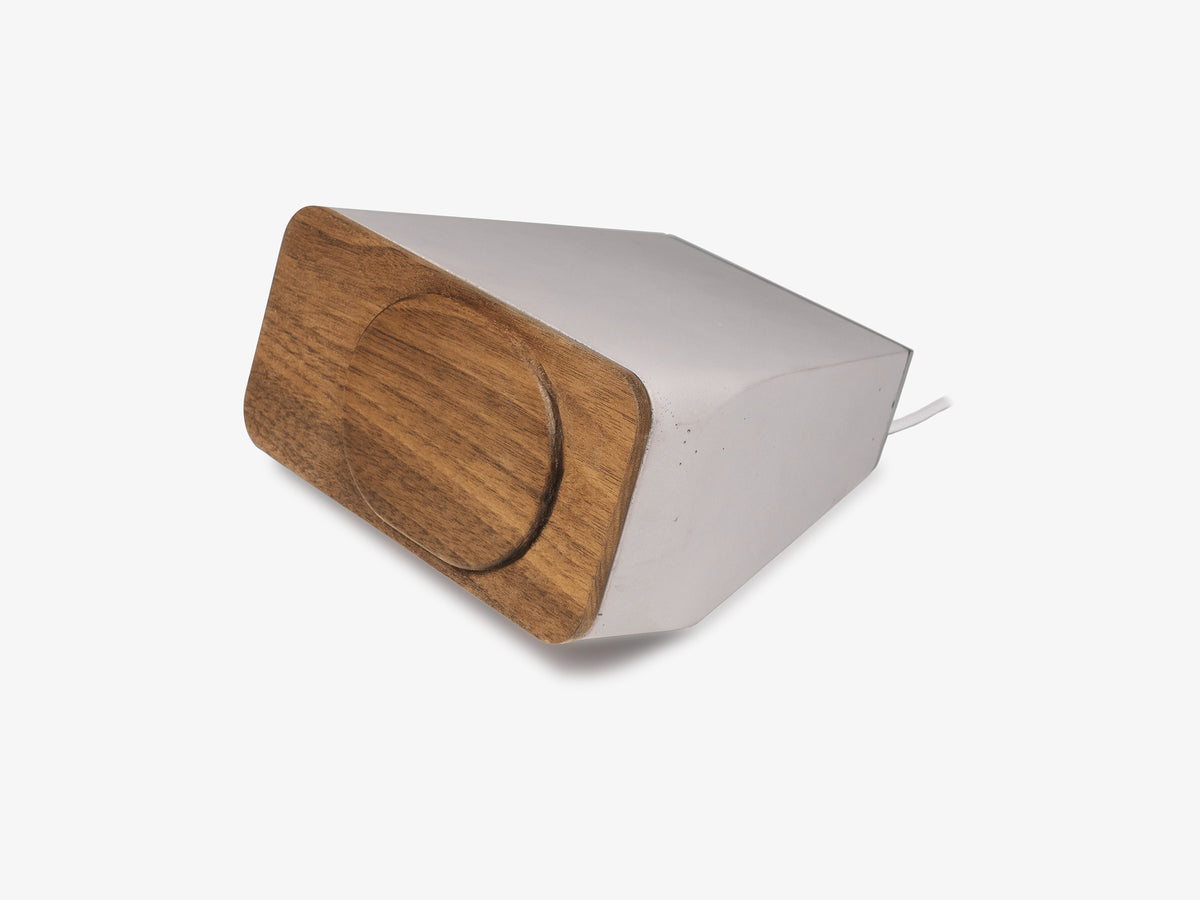 Walnut iPhone Dock, standby, charger only, front-left view