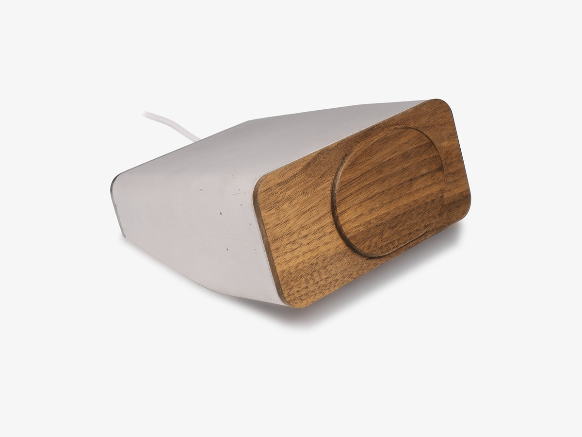 Walnut iPhone Dock, standby, charger only, front-right view