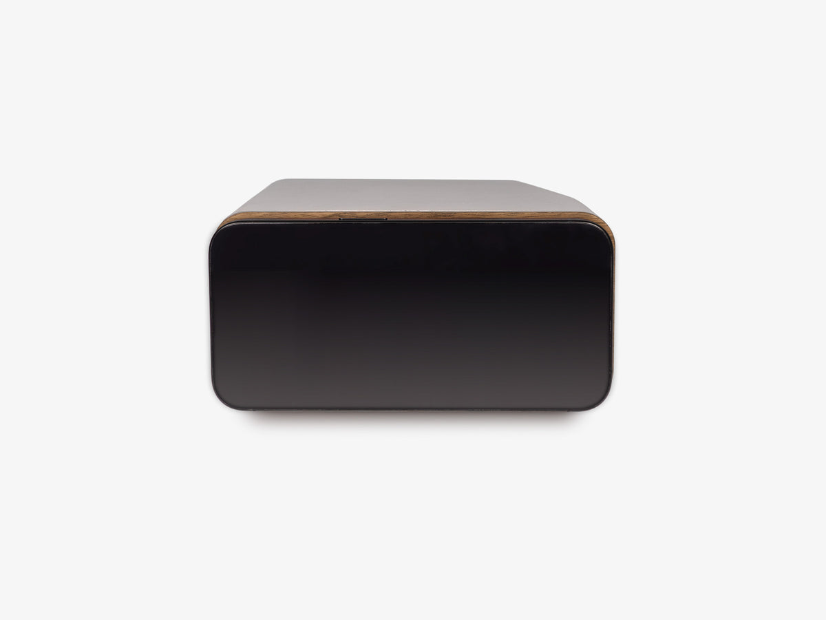 Walnut iPhone Dock, standby, with iphone, front view