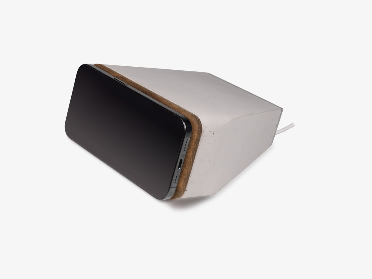 Walnut iPhone Dock, standby, with iphone, front-left view