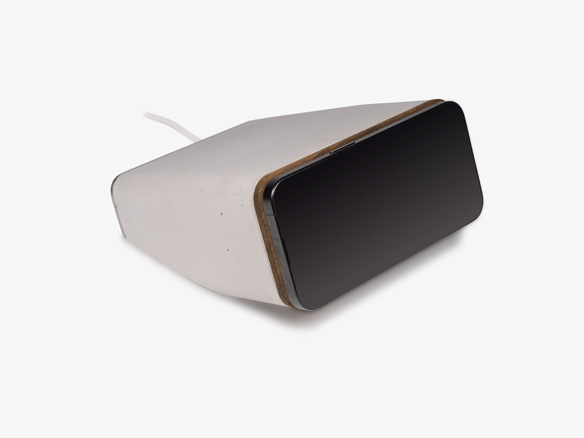 Walnut iPhone Dock, in use, front-right view