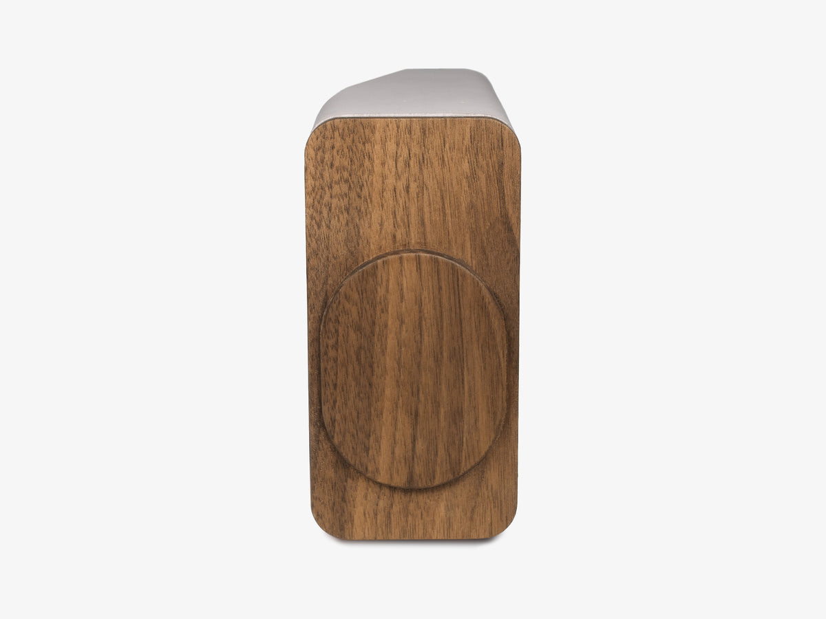 Walnut iPhone Dock, upright, charger only, front view