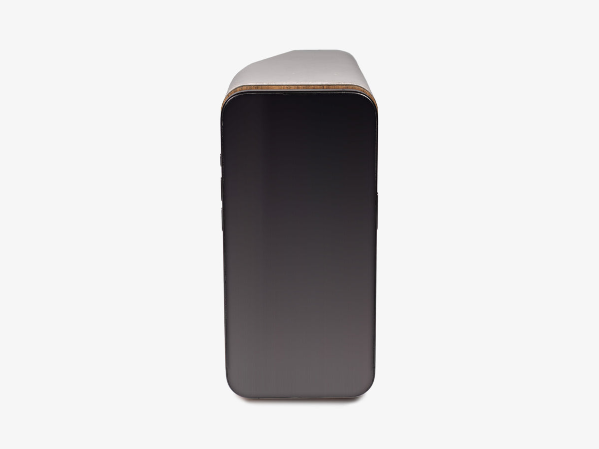 Walnut iPhone Dock, upright, with iphone, front view
