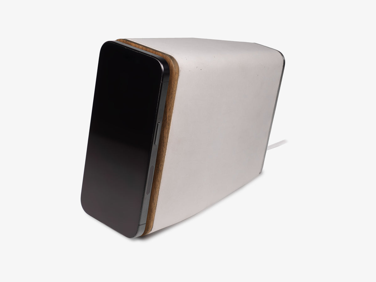 iPhone Dock — Walnut, in use