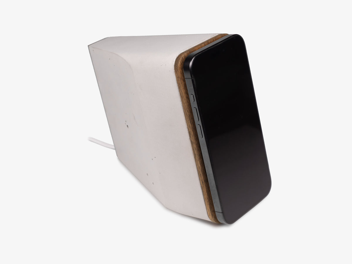 Walnut iPhone Dock, in use, front-right view