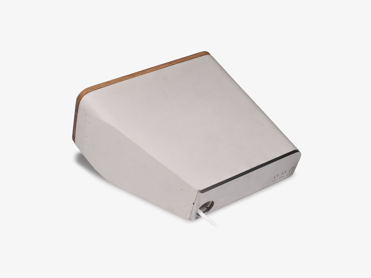 White Oak iPhone Dock, standby, charger only, back-left view