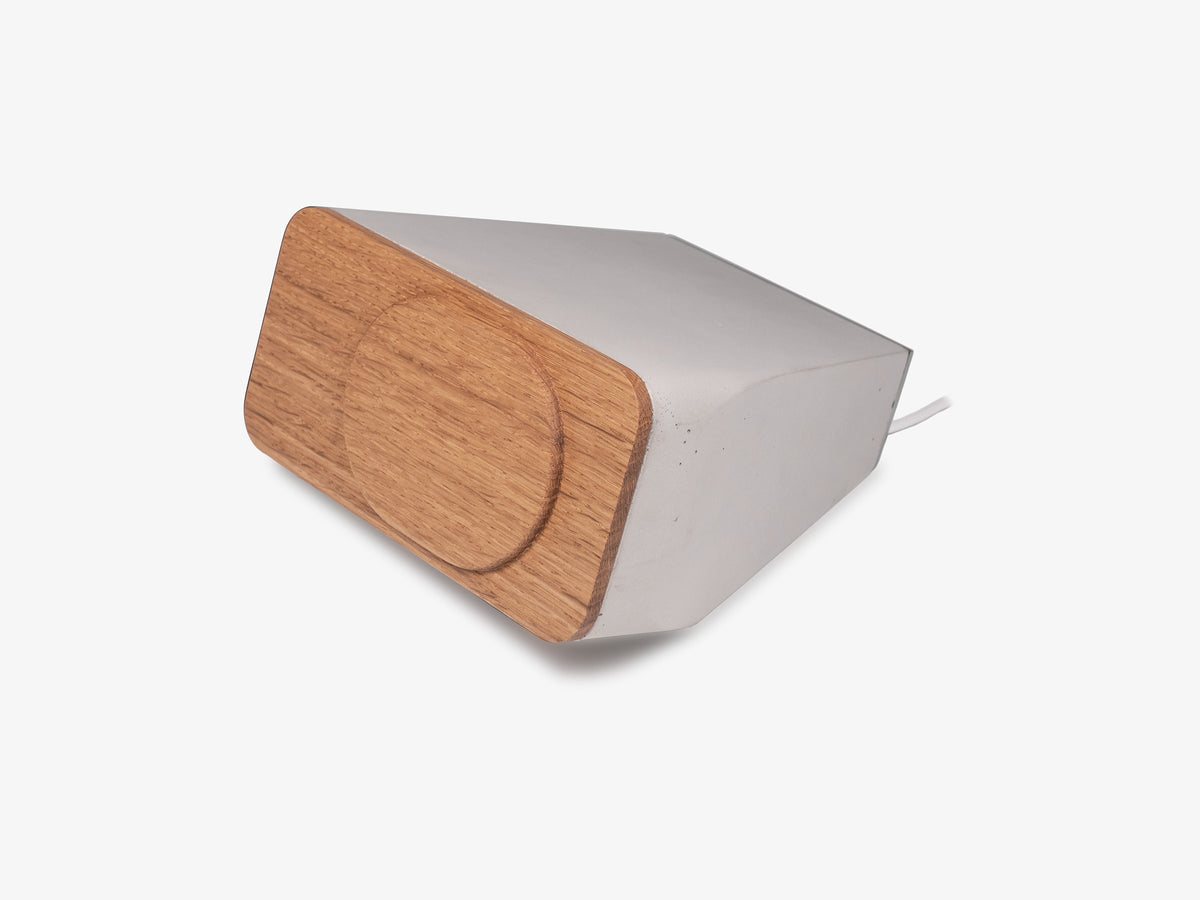 White Oak iPhone Dock, standby, charger only, front-left view