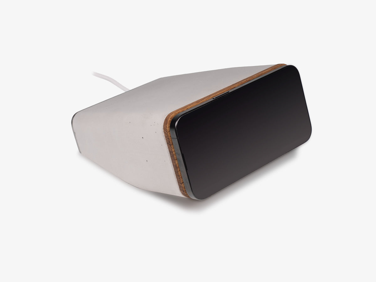 White Oak iPhone Dock, standby, with iphone, front-right view