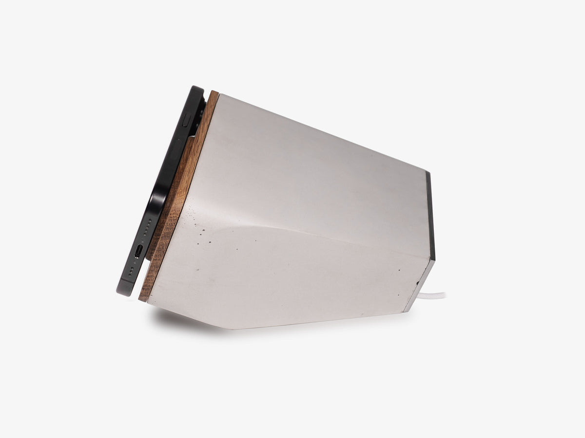 White Oak iPhone Dock, standby, with iphone, left view