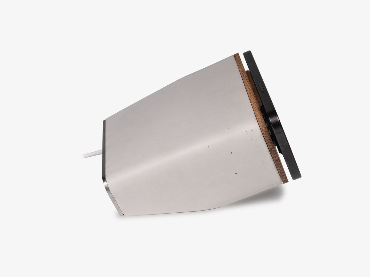White Oak iPhone Dock, standby, with iphone, right view