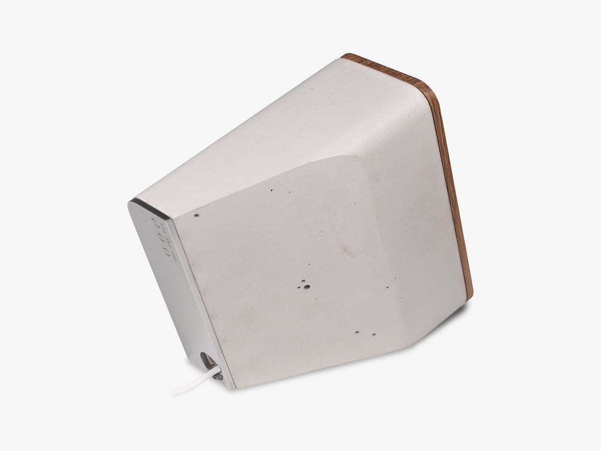White Oak iPhone Dock, upright, charger only, back-right view