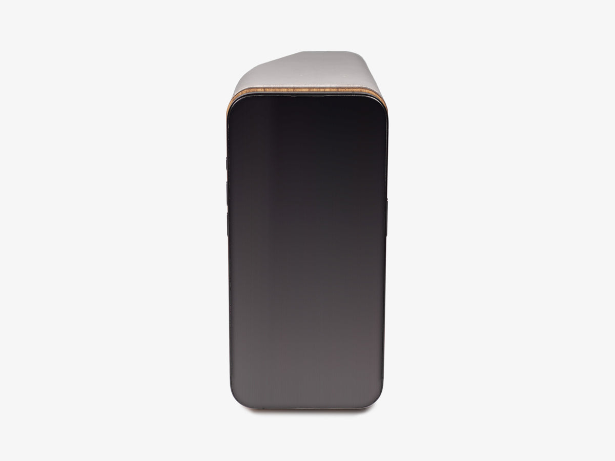 White Oak iPhone Dock, upright, with iphone, front view