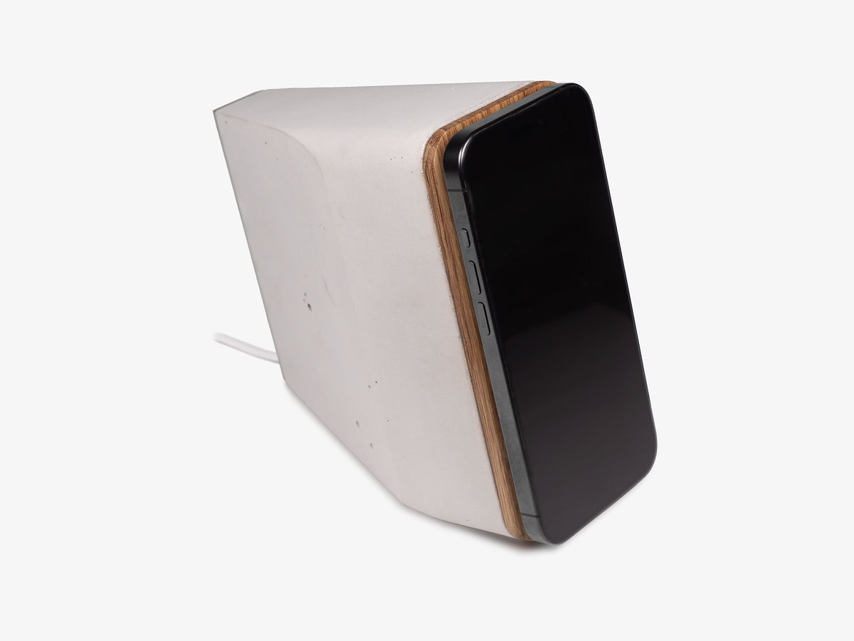 White Oak iPhone Dock, in use, front-right view