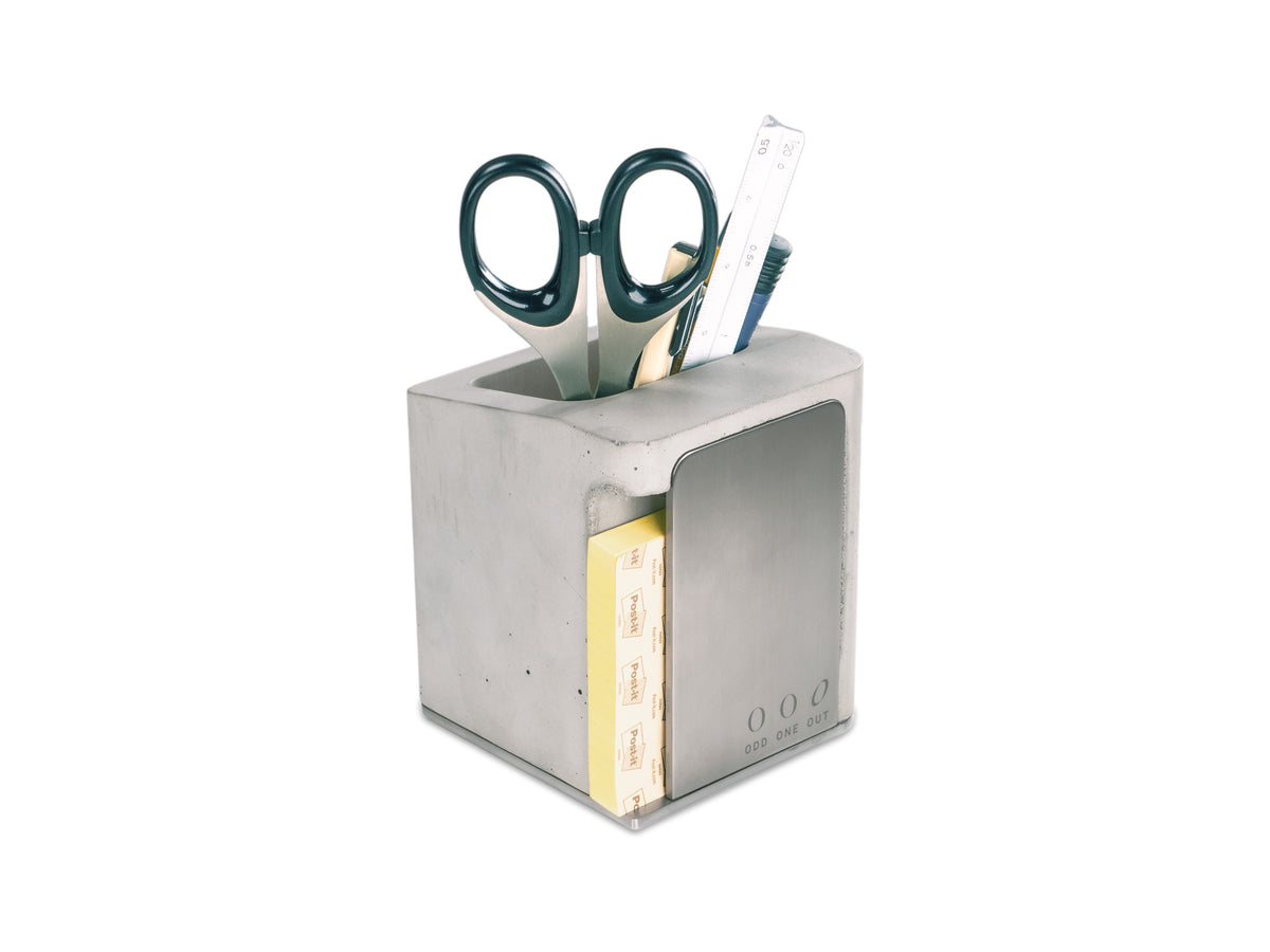 Stainless Steel Pen Cup, with pencils, back-left view