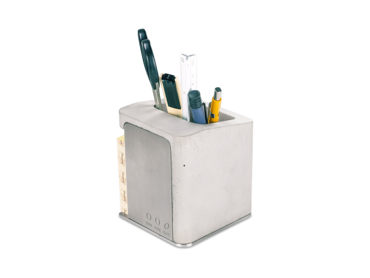 Stainless Steel Pen Cup, with pencils, back-right view