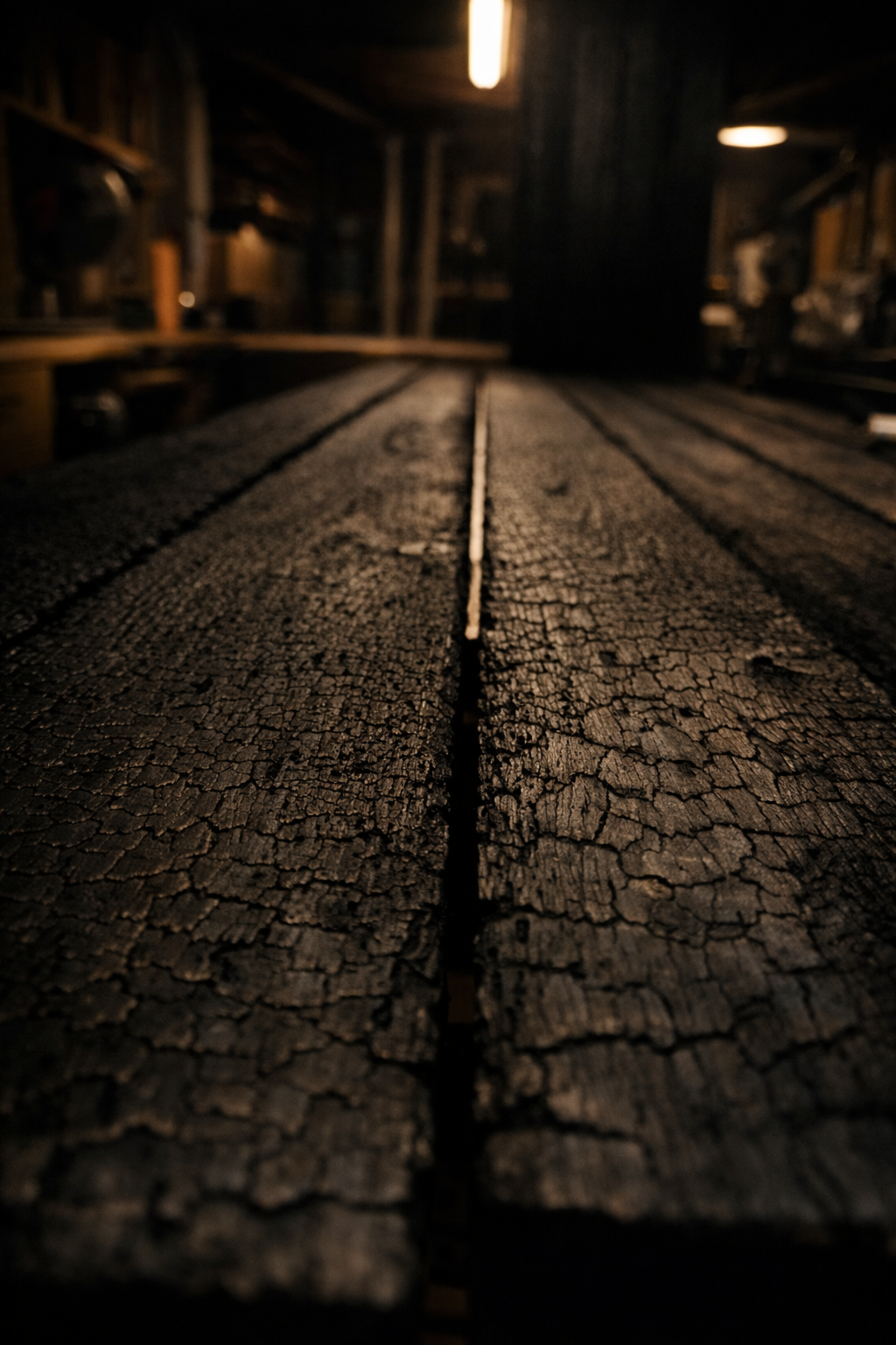Close-up of Shou Sugi Ban millwork showing deeply charred wood grain used in custom hospitality furniture.