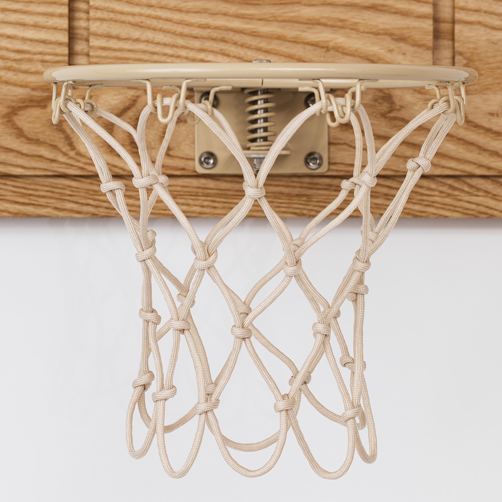 Handmade basketball net mesh on cream powder coated breakaway rim -ash